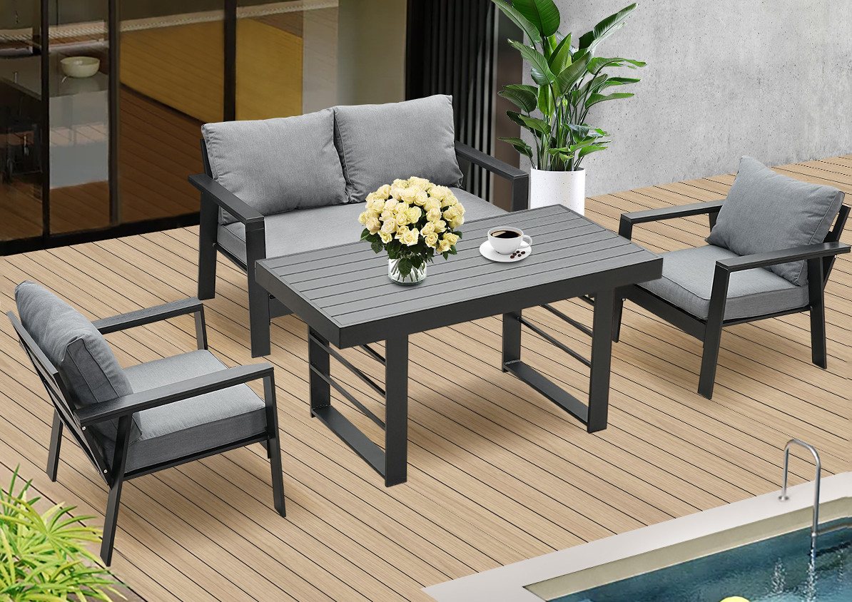 MeXo Gartenlounge-Set Gartenmöbel Set Aluminium Loungeset für Terrasse Balkon, (Set, 4-tlg., 1×2-Sitzer Sofa, 2×Einzelsessel, 1×Esstisch, 7×Auflagen), wetterfest Sitzgruppe Essgruppe Gartengarnitur für 3-4 Personen von MeXo