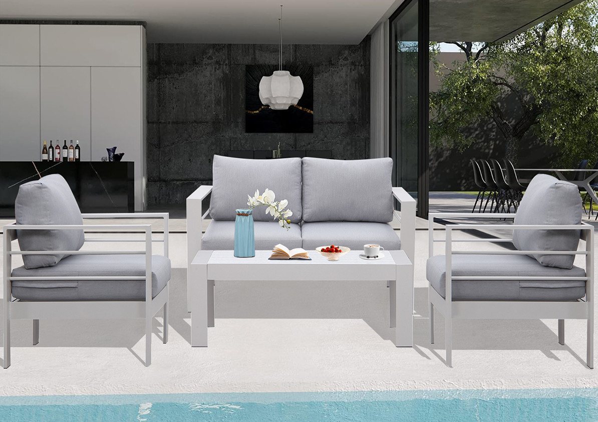 MeXo Gartenlounge-Set Gartenmöbel Set Aluminium Loungeset für Terrasse Balkon, (Set, 4-tlg., 1×2-Sitzer Sofa, 2×Sessel, 1×Tisch, 8×Auflagen), wetterfest Sitzgruppe Essgruppe Gartengarnitur für 3-4 Personen von MeXo