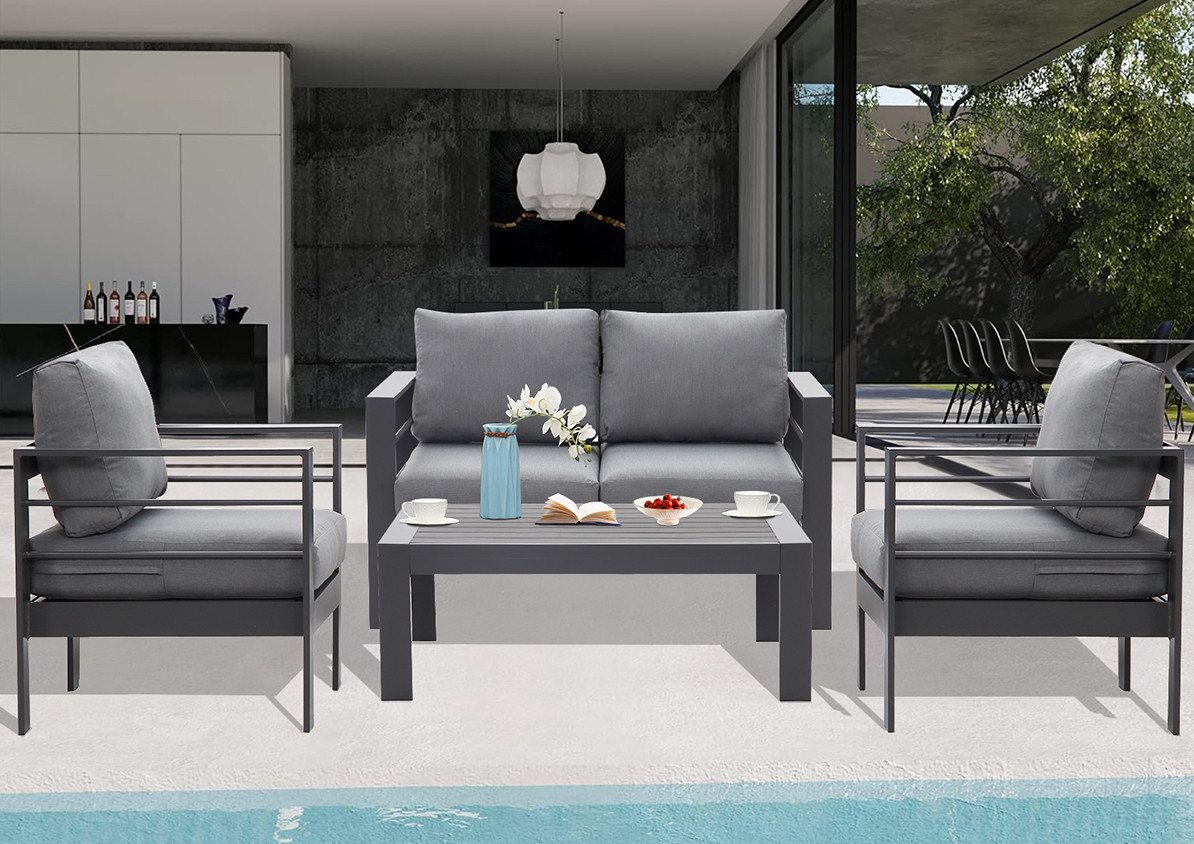 MeXo Gartenlounge-Set Gartenmöbel Set Aluminium Loungeset für Terrasse Balkon, (Set, 4-tlg., 1×2-Sitzer Sofa, 2×Sessel, 1×Tisch, 8×Auflagen), wetterfest Sitzgruppe Essgruppe Gartengarnitur für 3-4 Personen von MeXo