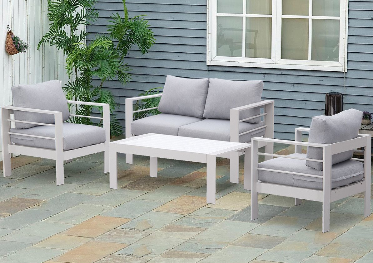 MeXo Gartenlounge-Set Gartenmöbel Set Aluminium Loungeset für Terrasse Balkon, (Set, 4-tlg., 1×2-Sitzer Sofa, 2×Sessel, 1×Tisch, 8×Auflagen), wetterfest Sitzgruppe Essgruppe Gartengarnitur für 3-4 Personen von MeXo