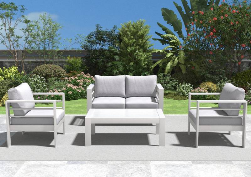 MeXo Gartenlounge-Set XXL Gartenmöbel Set Aluminium Outdoor, (weiß, harmonieren mit Licht bei Nacht, 4-tlg., Passt zum skandinavischen, mediterranen oder minimalistischen Stil), wetterfest Sitzgruppe Essgruppe Gartengarnitur für 3-4 Personen von MeXo