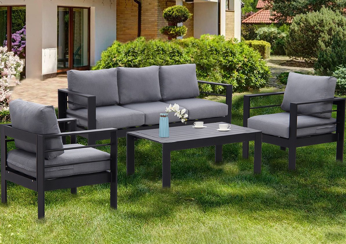 MeXo Gartenlounge-Set Gartenmöbel Set Aluminium Loungeset für Terrasse Balkon, (Set, 4-tlg., 1×3-Sitzer Sofa, 2×Sessel, 1×Tisch, 10×Auflagen), wetterfest Sitzgruppe Essgruppe Gartengarnitur für 4-5 Personen von MeXo