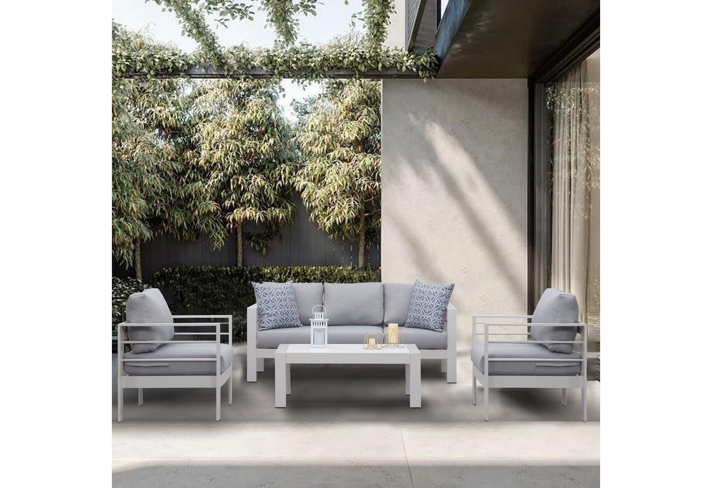 MeXo Gartenlounge-Set Gartenmöbel Set Aluminium Loungeset für Terrasse Balkon, (Set, 4-tlg., 1×3-Sitzer Sofa, 2×Sessel, 1×Tisch, 10×Auflagen), wetterfest Sitzgruppe Essgruppe Gartengarnitur für 4-5 Personen von MeXo