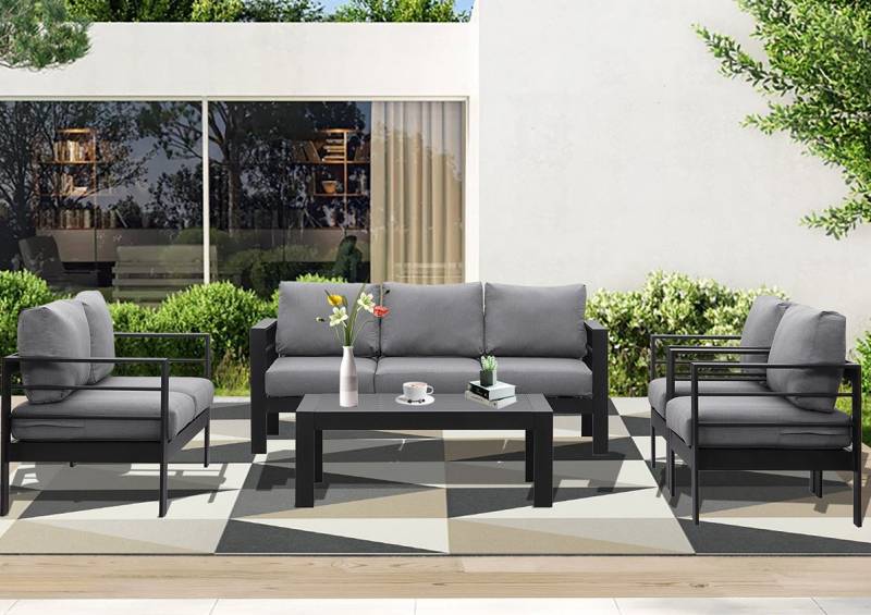 MeXo Gartenlounge-Set Gartenmöbel Set Aluminium Loungeset für Terrasse Balkon, (Set, 5-tlg., 1×3-Sitzer Sofa, 1×2-Sitzer Sofa, 2×Sessel, 1×Tisch, 14×Auflagen), wetterfest Sitzgruppe Essgruppe Gartengarnitur für 6-7 Personen von MeXo