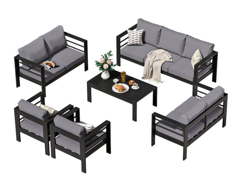 MeXo Gartenlounge-Set Gartenmöbel Set Aluminium outdoor wetterfest, (1 x 3-Sitzer Sofa, 2 x 2-Sitzer Sofa, 4 x Sessel, 1 x Gartentisch, 18 x Kissen, 6-tlg., Luxus Relax), Gartensofa Set für 8-10 Personen, individuell kombinierbar von MeXo