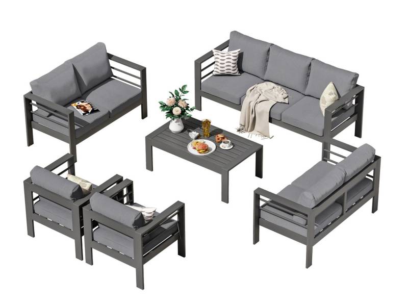 MeXo Gartenlounge-Set Gartenmöbel Set Aluminium outdoor wetterfest, (1 x 3-Sitzer Sofa, 2 x 2-Sitzer Sofa, 4 x Sessel, 1 x Gartentisch, 18 x Kissen, 6-tlg., Luxus Relax), Gartensofa Set für 8-10 Personen, individuell kombinierbar von MeXo