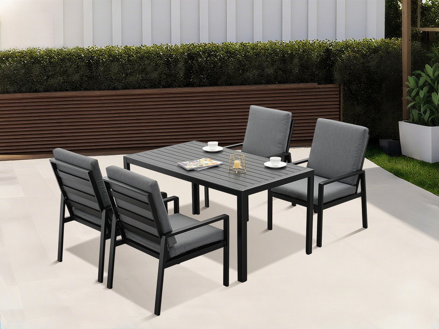 MeXo Gartenlounge-Set Gartenmöbel Set aus Aluminium, (Garten-Essgruppe für 4 Personen, 5-tlg., Esstisch mit Polywoodplatte & 4 Sessel inkl. Auflagen), wetterfest für Terrasse & Outdoor von MeXo