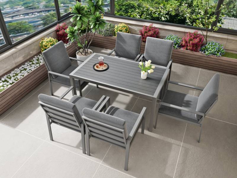 MeXo Gartenlounge-Set Gartenmöbel Set aus Aluminium, (Garten-Essgruppe für 6 Personen, 7-tlg., Esstisch mit Polywoodplatte & 6 Sessel inkl. Auflagen), wetterfest für Terrasse & Outdoor von MeXo