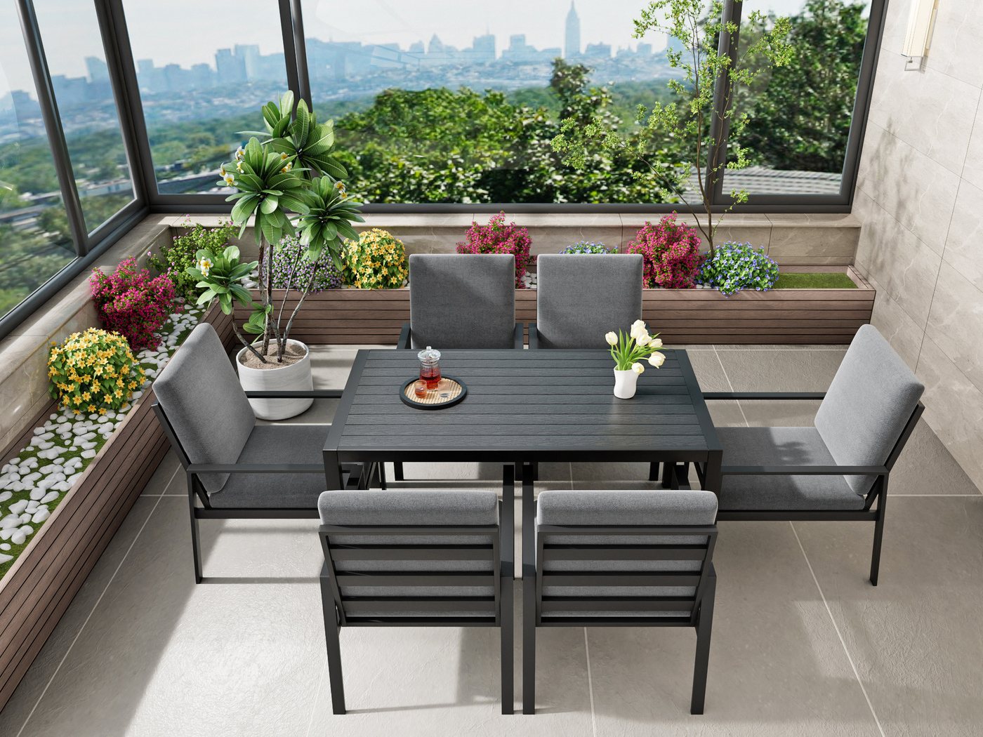 MeXo Gartenlounge-Set Gartenmöbel Set aus Aluminium, (Garten-Essgruppe für 6 Personen, 7-tlg., Esstisch mit Polywoodplatte & 6 Sessel inkl. Auflagen), wetterfest für Terrasse & Outdoor von MeXo