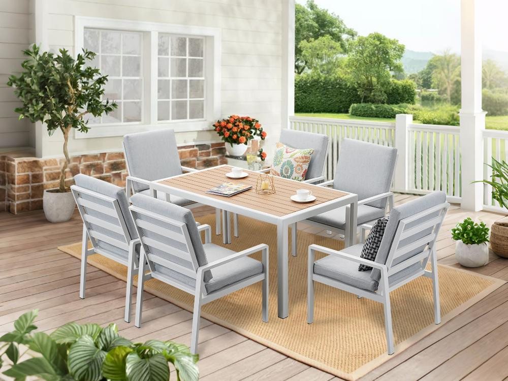 MeXo Gartenlounge-Set Gartenmöbel Set aus Aluminium, (Garten-Essgruppe für 6 Personen, 7-tlg., Esstisch mit Polywoodplatte & 6 Sessel inkl. Auflagen), wetterfest für Terrasse & Outdoor von MeXo