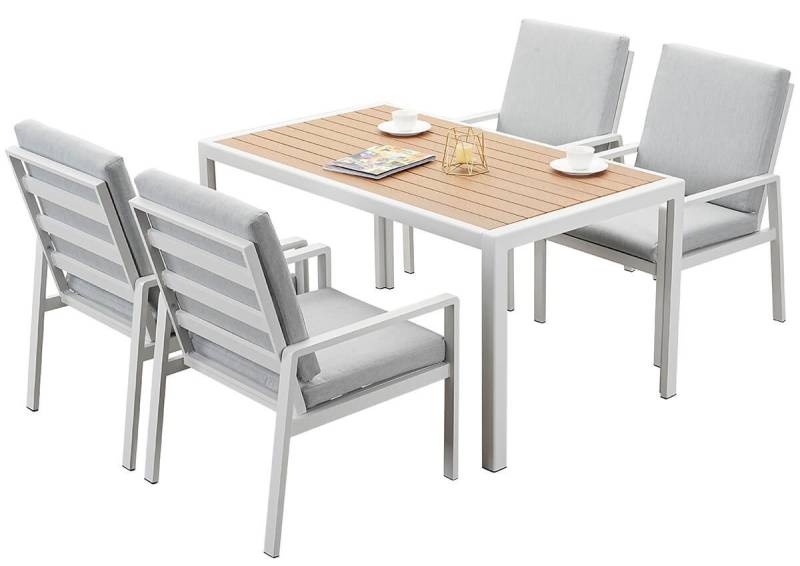 MeXo Gartenlounge-Set Lounge Gartenmöbelset Aluminium 4 Personen, (Garten Essgruppe, 5-tlg., 4 Sessel, 1 Esstisch 140x80x70 cm), Polywood Tischplatte, wetterfest, SGS zertifiziert von MeXo