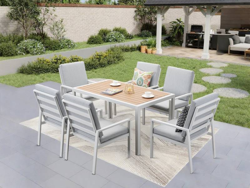 MeXo Gartenlounge-Set Lounge Gartenmöbelset Aluminium, (Garten Essgruppe für 6 Personen, 7-tlg., Terrassenmöbel Set mit 4 Sessel, Esstisch 140x80x70 cm), 85 cm Rückenlehne, hoher Sitzkomfort von MeXo