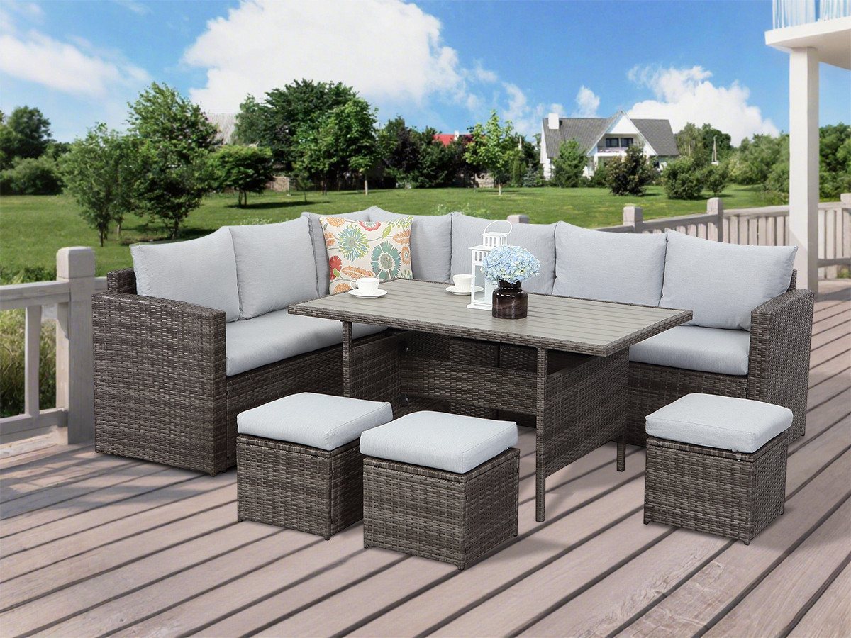 MeXo Gartenlounge-Set Rattan Gartenmöbel Set wetterfest für 8-9 Personen, (Lounge Set, 7-tlg., 3x Hocker, 2x 2er Sofa, 1xEcksofa, Tisch 132x76x67cm, Inkl. Auflagen), Garten-Essgruppe outdoor, Polyrattan/Stahl, individuell aufstellbar von MeXo