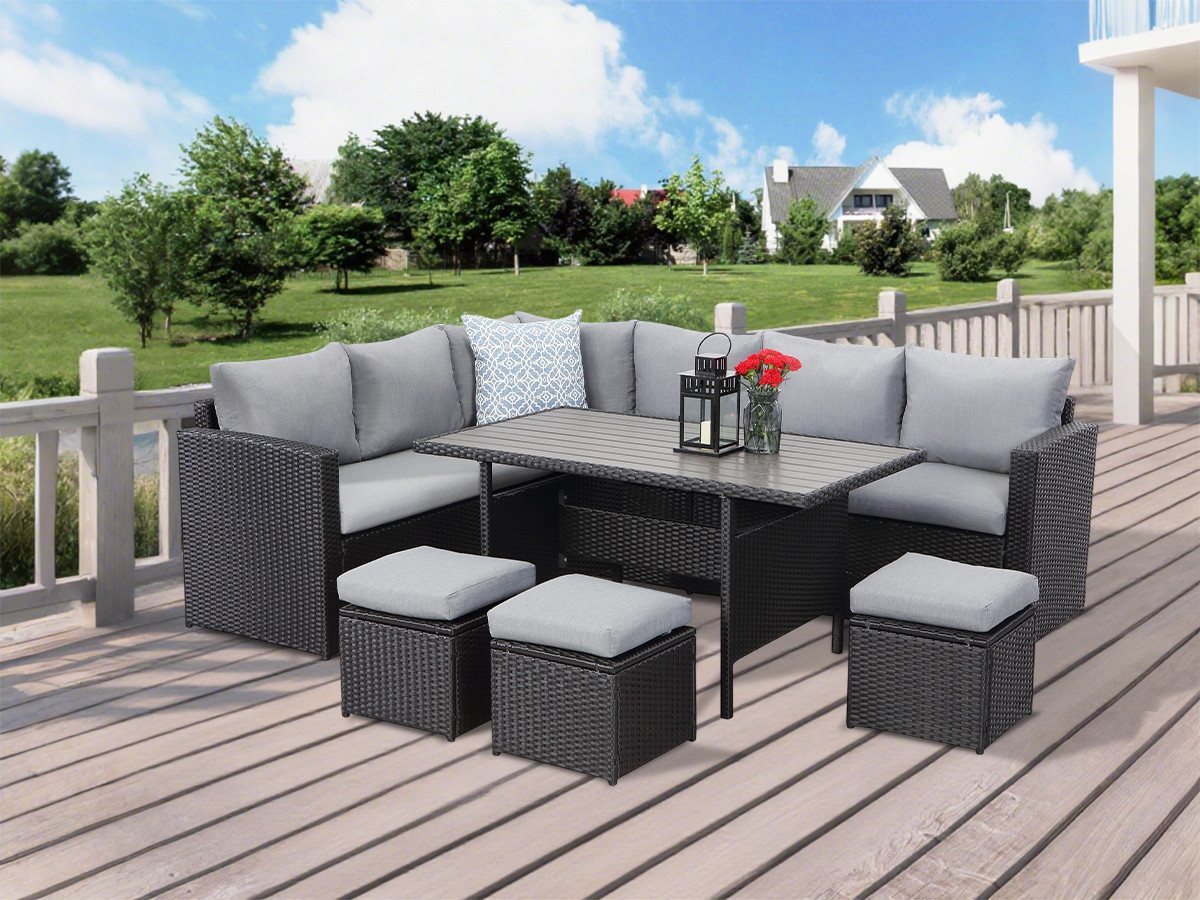 MeXo Gartenlounge-Set Rattan Gartenmöbel Set wetterfest für 8-9 Personen, (Lounge Set, 7-tlg., 3x Hocker, 2x 2er Sofa, 1xEcksofa, Tisch 132x76x67cm, Inkl. Auflagen), Garten-Essgruppe outdoor, Polyrattan/Stahl, individuell aufstellbar von MeXo