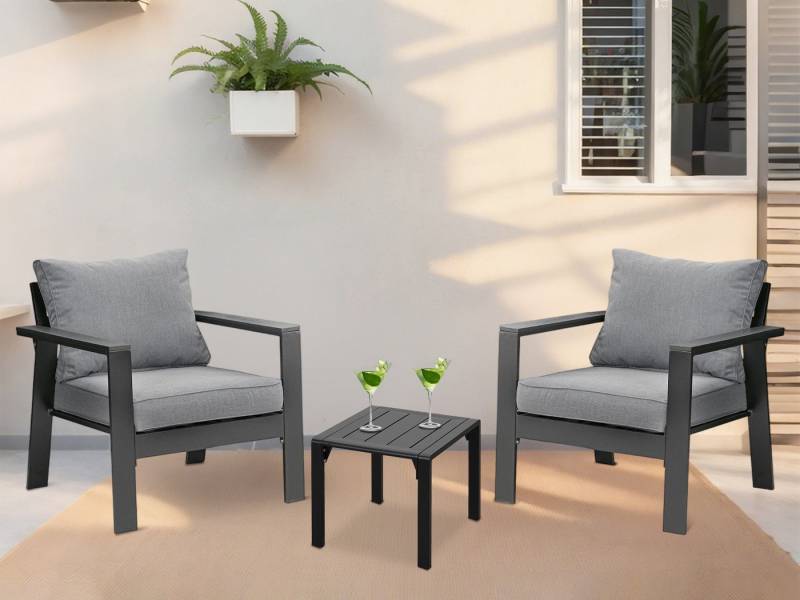 MeXo Gartenlounge-Set Lounge Gartenmöbelset Aluminium, (Kleine Balkonmöbel Set, 3-tlg., 2 Gartenstühle, 1 Couchtisch, inkl. 4 Auflagen), Outdoor Loungemöbel Sitzgruppe für 2 Personen von MeXo