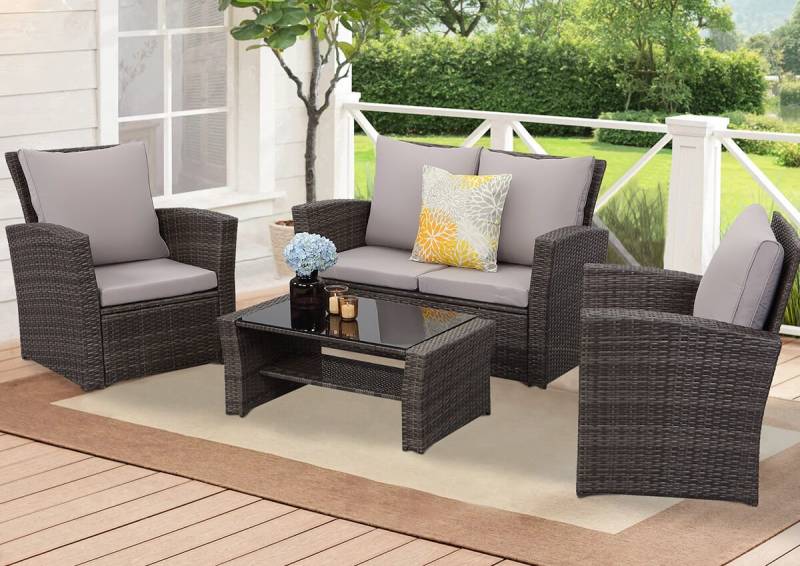 MeXo Gartenlounge-Set, (Handgefertigtes Polyrattan Gartenmöbel Set, 4-tlg., mit 80 cm hoher Rückenlehne, stabilem Stahlrahmen), wetterfeste Balkonmöbel Set für 4 Personen von MeXo