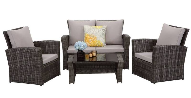 MeXo Gartenlounge-Set Balkonmöbel Set, (Handgefertigtes Poly Rattan Gartenmöbel Set, 4-tlg., 2-Sitzer Sofa, 2 Sessel, Tisch mit Stauraum, 8 Auflagen für 4 Personen), wetterfest Terrassenmöbel Set, Lounge Möbel Outdoor von MeXo
