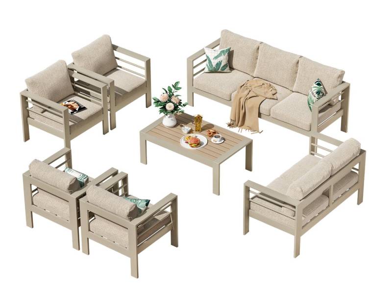 MeXo Gartenlounge-Set Terrassenmöbel Set 8-10 Personen Aluminium outdoor wetterfest, (Belastbarkeit pro Sitzplatz 140kg, 7-tlg., 12cm Deluxe Relax-Sitzkissen), Gartenmöbel Set Alu mit Tisch, Luxus Relax, Tischplatte aus WPC von MeXo