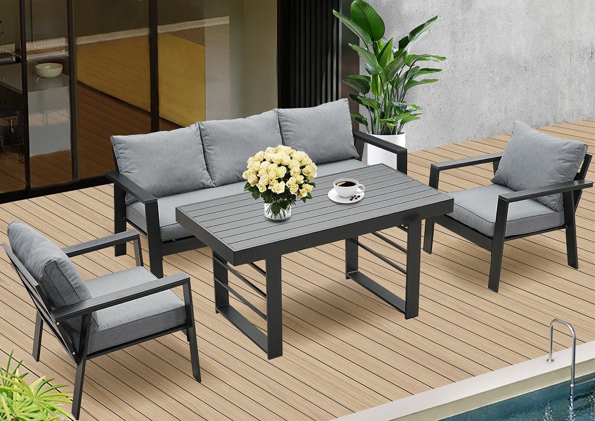MeXo Gartenlounge-Set Terrassenmöbel Set mit Esstisch 5 Personen Aluminium wetterfest, (einteiliges 10cm Premium-Sitzkissen, 4-tlg., Esstisch 130x66x66cm), Gartenessgruppe Aluminium, Tischplatte WPC, 3 Sitzer Sofa 193x75x74cm von MeXo