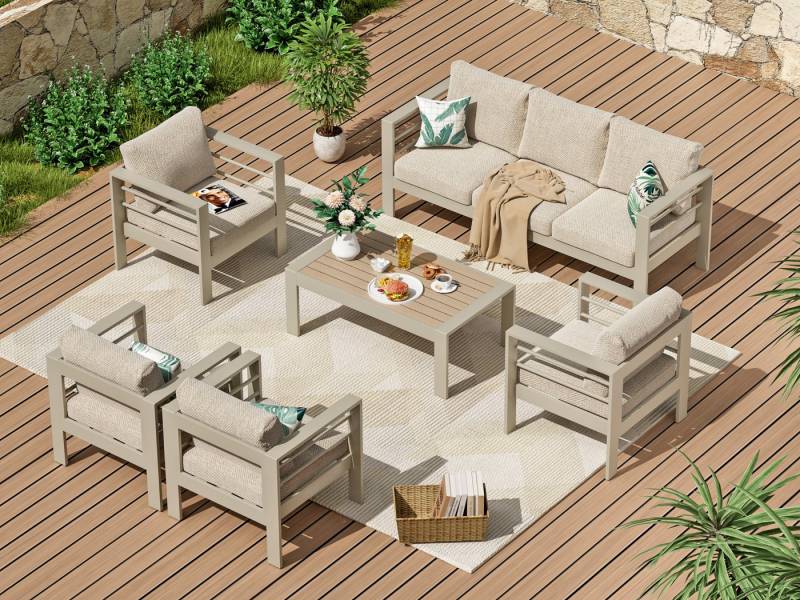 MeXo Gartenlounge-Set XXL Gartenmöbel Set Aluminium Outdoor, (Set, 6-tlg., 1×3-Sitzer Sofa, 4×Sessel, 1×Tisch, 14×Auflagen), wetterfest Sitzgruppe Essgruppe Gartengarnitur für 6-7 Personen von MeXo