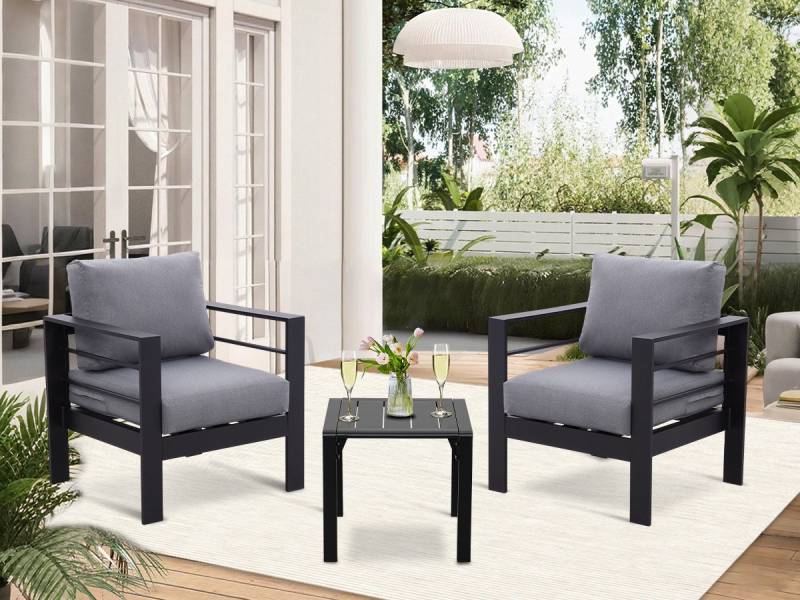 MeXo Gartenstuhl Balkonmöbel Set 2 Sitzer Aluminium wetterfest outdoor mit Gartentisch (12cm Deluxe Relax-Sitzkissen, Belastbarkeit pro Sitzplatz 140kg), Bistroset mit Balkontisch Gartenmöbel 2er Set kleiner Balkon von MeXo