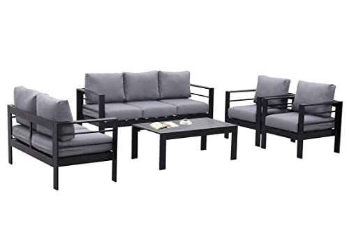 MeXo Lounge-Set Aluminium 6-7 Personen Gartenmöbel Set Metall Modern, Garten Sitzgruppe Wetterfest mit Sofa Sessel Tisch Olefin Kissen Auflagen Grau für Indoor Outdoor (Schwarz & Dunkelgrau) von MeXo