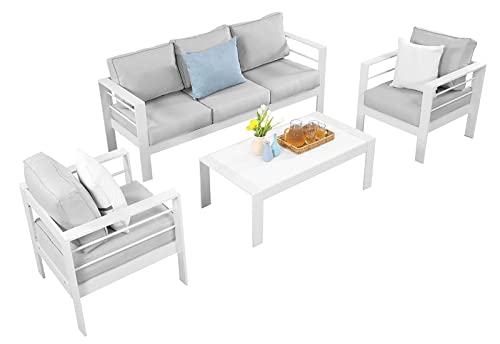 MeXo Lounge-Set Aluminium 6-7 Personen Gartenmöbel Set Metall Modern, Garten Sitzgruppe Wetterfest mit Sofa Sessel Tisch Olefin Kissen Auflagen für Indoor Outdoor (Weiß - für 5 Personen) von MeXo