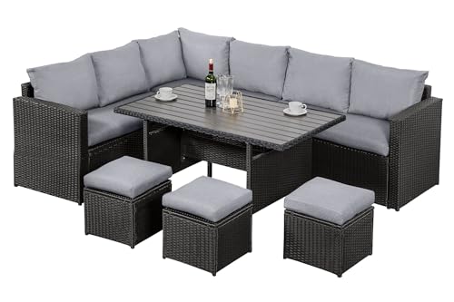 MeXo Polyrattan Gartenmöbel-Set Garten Essgruppe mit Ecksofa, WPC Esstisch, 3 Hocker, Kissen - Gartenlounge wetterfest bis 10 Personen von MeXo