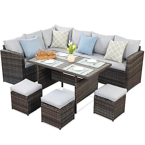 MeXo Polyrattan Gartenmöbel-Set Garten Essgruppe mit Ecksofa, WPC Esstisch, 3 Hocker, Kissen - Gartenlounge wetterfest bis 10 Personen von MeXo