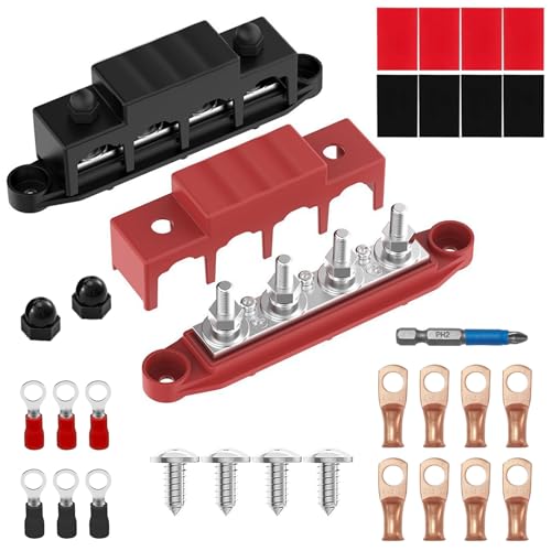 2er-Set 12V-48V DC 250A Busbar Sammelschienenverteiler mit Schutzabdeckung & 4x M8 Klemmenbolzen - Stromverteilerblock für Auto, Wohnmobil, Boote, Solaranlagen (Schwarz/Rot) von MeYuxg