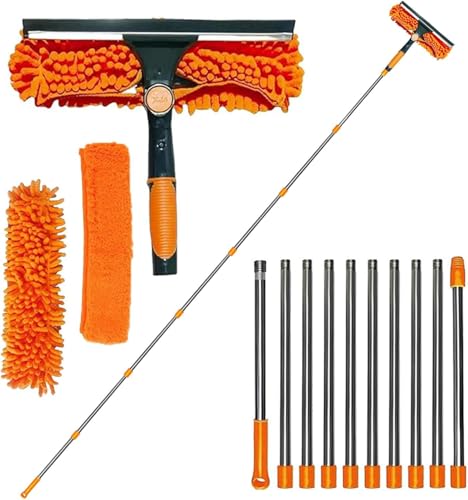 4,5 m Teleskop Fensterwischer, 2-in-1 Fensterreiniger Set mit 10-teiliger Teleskopstange, Fensterputzer mit Gummiwischer und Mikrofasertuch,Staubwedel für Innen und Außen Hohe Fenster und Autoglas von MeYuxg