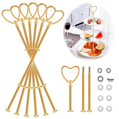 6 Pack Etageren Stangen Set, Herz Metallstangen, Stabil Etagerenstangen, Mittige perforierte Stützstange für Tortenständer, Etageren Stangen Set für 2 bis 3 stufige Etagere Tortenständer (Gold) von MeYuxg