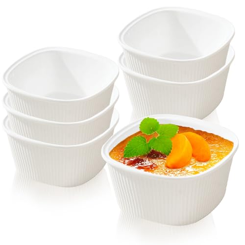 6 Stück Creme Brulee Schälchen, Weiß Souffle Förmchen Backofenfest Antihaft, Quadrat Ragout Fin Schalen 210ml, Keramik Cupcakes Schüssel für Waffeln, Pudding, Fleisch, Eier, Milch von MeYuxg