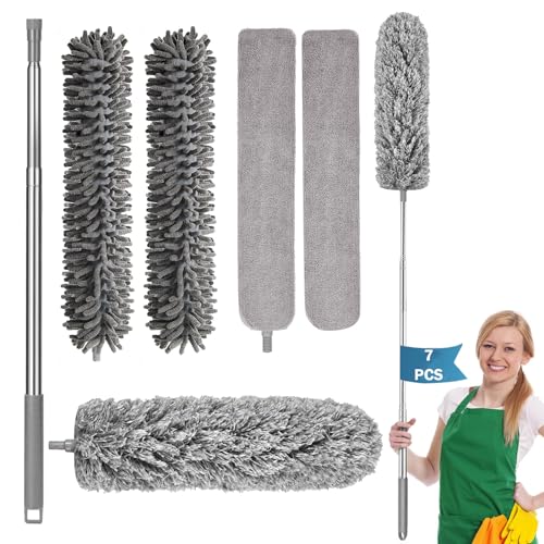 7pcs Staubwedel Teleskop Waschbar, Staubwedel Lang Ausziehbar für Decke Staubwedel mit Teleskopstange Mikrofaser Duster Eckbesen, Staubbesen mit Teleskop Max.Lang 55-254cm für Hohe Deckenventilator von MeYuxg