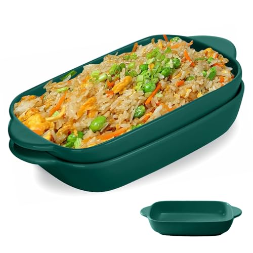 Auflaufform Set aus Keramik, 2 Stück Lasagneform 23 x 13cm, Bunt Glasiertes Kleines Ofenform, Rechteckige Backform für Lasagne, Backen, Gourmet Essen, Hitzebeständig (Dunkelgrün) von MeYuxg