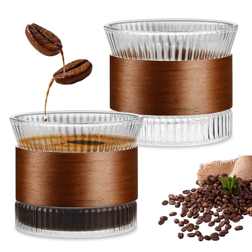 Espressotassen Set Glas 150 ml – 2er Cappuccino Tassen mit Holzmanschette aus Walnussholz, Gläser für Espresso, Tee, Mokka & Latte, Kaffeebecher Ohne Henkel für Kaffeeliebhaber (Transparent) von MeYuxg