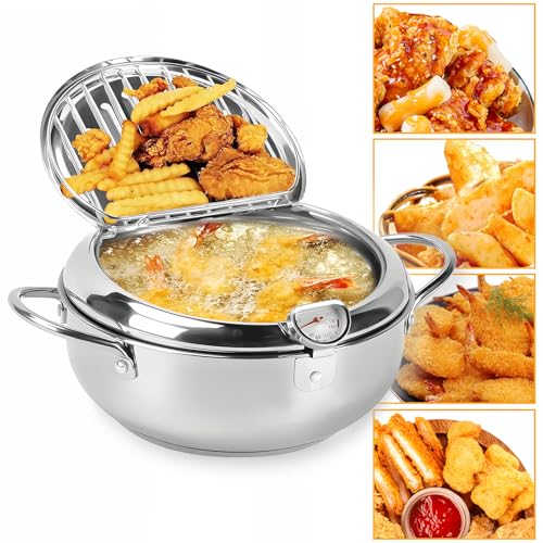 Frittiertopf, Topf mit Siebeinsatz, Multifunktions Ölsiebtopf mit Thermometer und Deckel, Fettbehälter, Edelstahl Speck für die Küche für Französisch Pommes, Hühnerflügel und Garnelen (3.2L) von MeYuxg