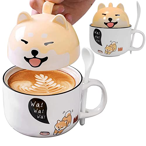 MeYuxg Shiba Inu Coffee Cup, Große Kaffeetasse aus Keramik 370ml+160ml, Cute Mug mit Deckel und Löffel, Tasse Personalisiert, für Weihnachtsgeschenke, Geburtstagsgeschenk von MeYuxg