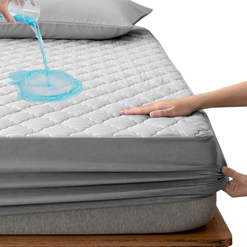 Matratzenschoner 90x200 Wasserdicht – Grau Gestepptes Matratzenschutz Spannbettlaken, Atmungsaktive Matratzenauflage Waschbar, Dehnbar auf 27 cm (Grau, Einzelbett) von MeYuxg