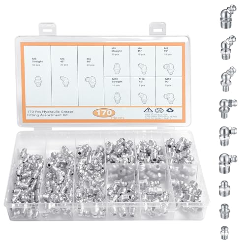 MeYuxg 170 Stück Schmiernippel Sortiment, Vernickeltes Eisen Schmiernippel M6 M8 M10 Set, Gerader Hydraulik Fettnippel 45 ° 90 ° 180 ° mit Aufbewahrungsbox, Kit Kegelschmiernippel für Schmierpressen von MeYuxg