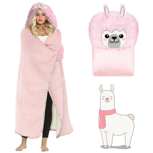MeYuxg Alpaka Decke, Flanell Decke mit Kapuze, 160 x 126 cm Kuscheldecke Flauschig mit Ärmeln, Tragbare Decke Alpaka Geschenk, Warme Alpaka Sofadecken für Frauen Mädchen Kind, Rosa von MeYuxg