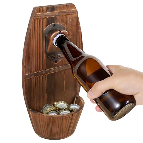 MeYuxg Bieröffner Wand,Vintage Hölzerner Wandmontierter Bierfass Fass Flaschenöffner, Wandflaschenöffner mit Auffangbehälter,Geschenk für Männer und Bierliebhaber,Bar Party Küche Deko(bieröffner B) von MeYuxg