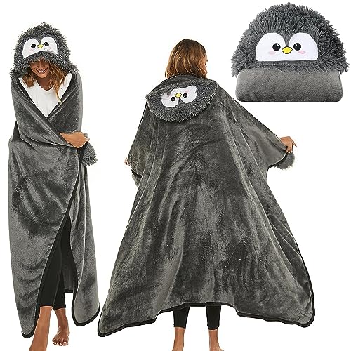 MeYuxg Geschenke für Frauen - Pinguin Kuscheldecke Geschenk, Tragbare Decke für Frauen, Sofadecke Pinguin mit Hut und Handschuhen, Kuscheldecke Flauschig 150 * 125cm, Grauer Pinguin von MeYuxg