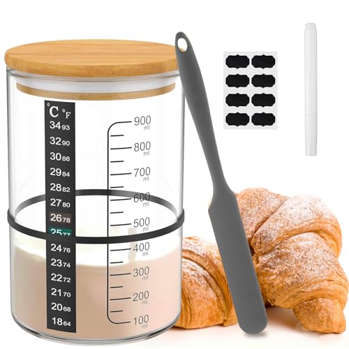 MeYuxg Sauerteig Glas 900ml, Sauerteig Starter Set mit Thermometer Papier Markierungspapier Silikon Spachtelstoff, Sauerteig Behälter mit Deckel zum Backen Von Sauerteigbrot von MeYuxg