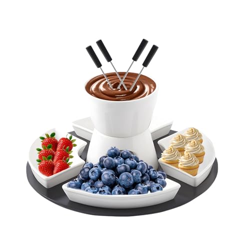 MeYuxg Schokofondue Set, Keramike Fondue Schokolade, Käsefondue Topf Set Enthält 1 Holztablett, 4 Gabeln und 4 Teller, Mini Chocolate Fondue für Haus, Restaurant und Café von MeYuxg