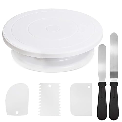 MeYuxg Tortenplatte Drehbar, Drehbare Tortenplatte Bringen 2 Tortenspachtel und 3 Tortenschaber, Geeignet für Anfänger und Profis Drehteller Torte Tortenplatte mit Fuß （6 Teiliges Set） von MeYuxg