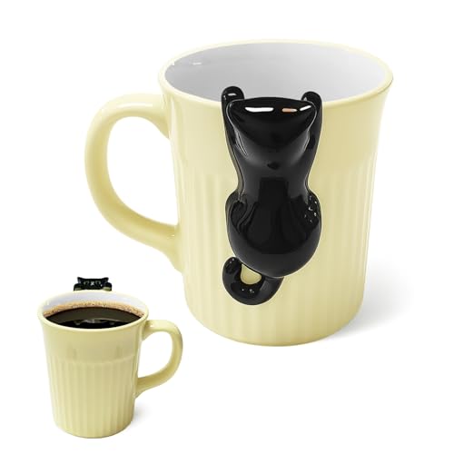 Süße Katzentasse, Lustige Tasse mit Schwarz Guckender Katze, 350ml Keramik Tasse, Personalisierte Katze Kaffeetasse Geschenk Tasse, Katzenbecher für Milch, Kaffee, Saft (Gelb) von MeYuxg