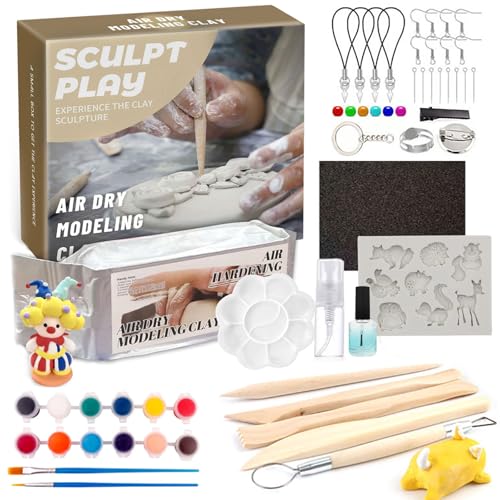 Töpferset,Das Töpfer-Set Enthält 500g Lufttrockenen Ton,Töpfer-Set für Zuhause,Ohne Brennen,Starter-Set mit Modellier-Werkzeug,Farben & Pinsel ,DIY-Set zum Töpfern für Kinder & Erwachsene,Party Hause von MeYuxg