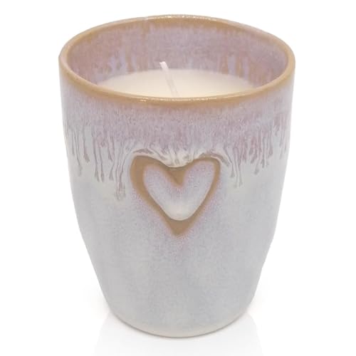 Mea-Living STONEWARE Kerze im Becher polarweiß Herz, handgemachtes Steingut, 280 ml, wunderschönes Geschirr mit Kerze von Mea-Living