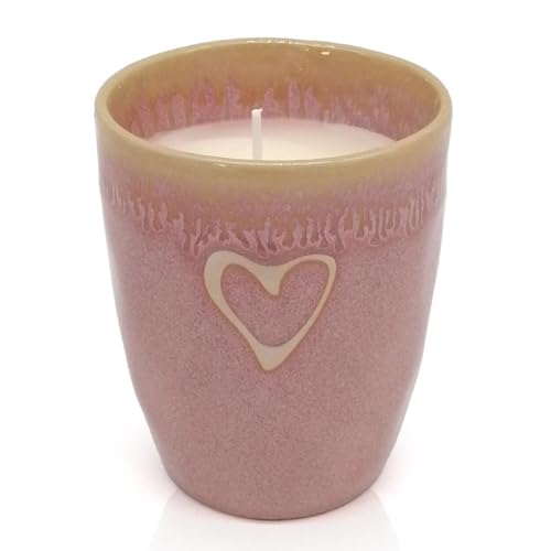 Mea-Living STONEWARE Kerze im Becher rosa Herz, handgemachtes Steingut, 280 ml, wunderschönes Geschirr mit Kerze von Mea-Living